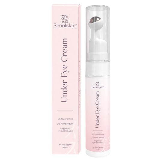 Seoulskin under eye cream | dark circles removal for women and men | Under Eye Gel to Reduce Dark Circles, Puffiness & Wrinkles With Built-in Cooling Massage Roll-On Applicator | 5% Niacinamide, 2% Alpha Arbutin | 15 ml