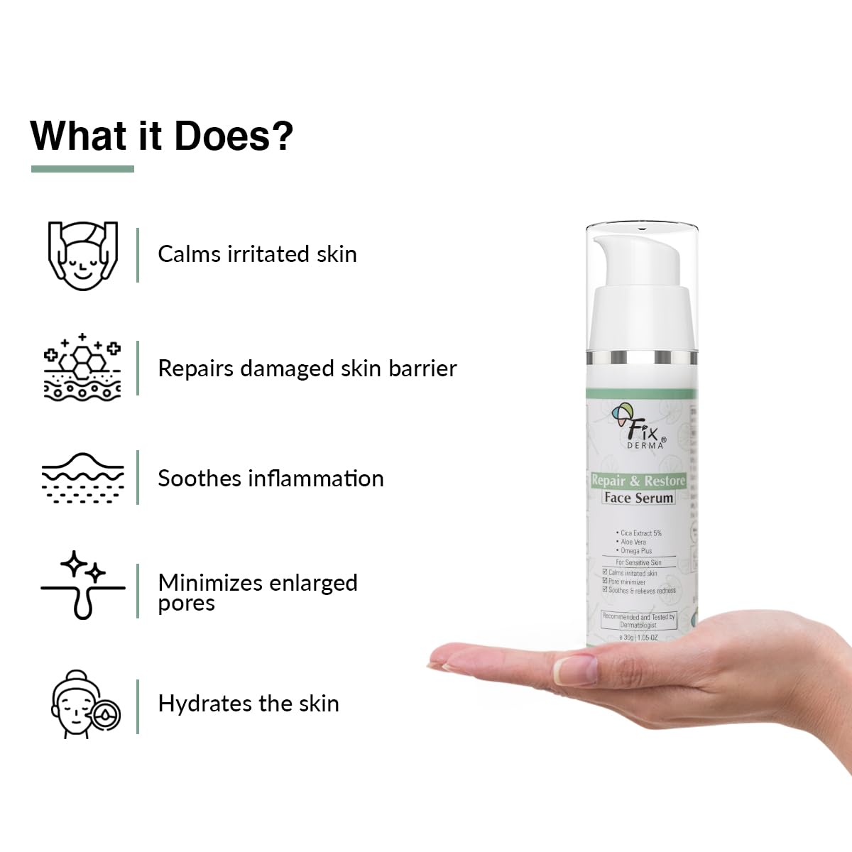 Fixderma 5% Cica Extract Repair & Restore Face Serum for Sensitive Skin | Aloevera Face Serum | Cica Glow Face Serum with Omega Plus | Face Serum for Men & Women - 30gm