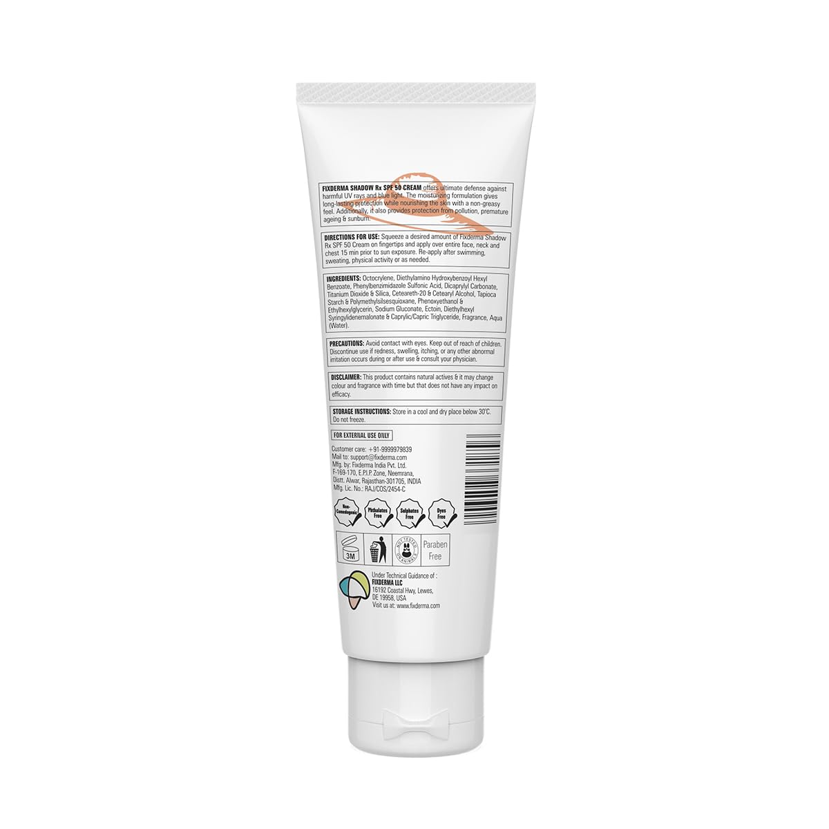 Fixderma Shadow Sunscreen SPF 50 Cream For Sensitive Skin, Protects the Skin from UV Rays, Blue Light, Pollution, Premature Aging & Sunburn, Long-Lasting, Non Greasy, Sunscreen for Women & Men - 75gm