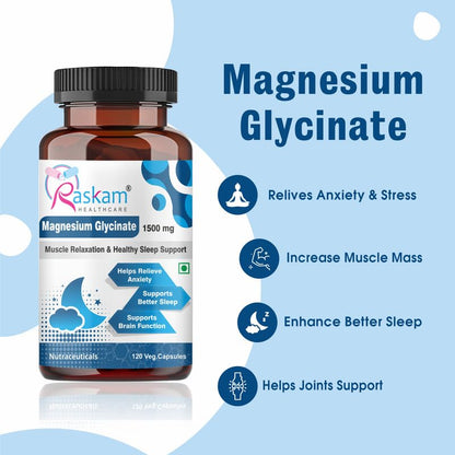 Bottle of Raskam Magnesium Glycinate supplement with product details on a blue background
