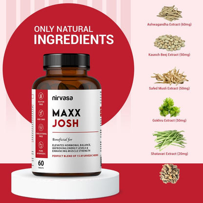Nirvasa Maxx Josh Testosterone Supplement (500mg, 60 Tabs) | Boosts Testosterone, Muscle Strength & Energy | Enhances Performance, Stamina & Vitality | Ashwagandha, Gokshura & Safed Musli