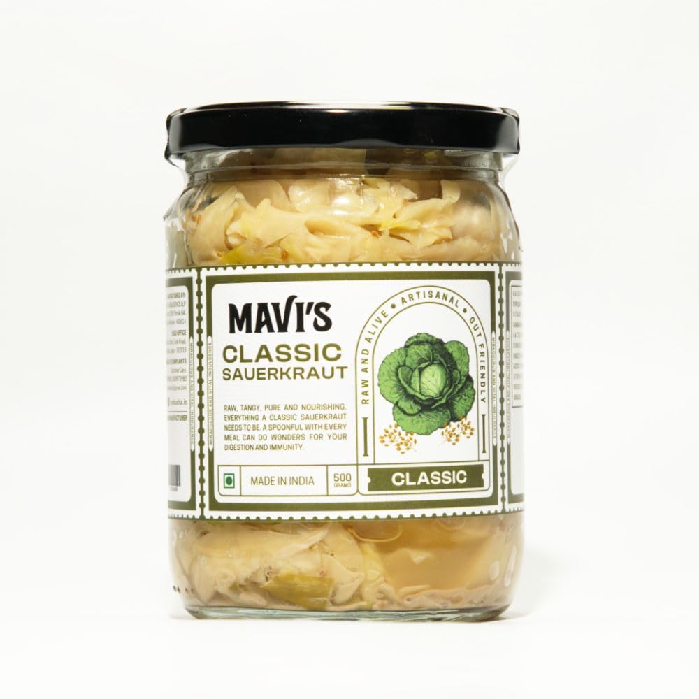 MAVI's Classic Sauerkraut| Organic Cabbage & Ajwain seeds | Gut friendly | 100% Natural & Vegan | No Preservatives | No Artificial Flavour or Colour | 500g (Pack of 1)