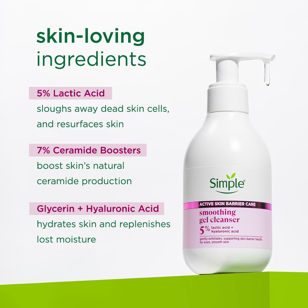 Simple brand smoothing gel cleanser with listed skin-loving ingredients on a white background