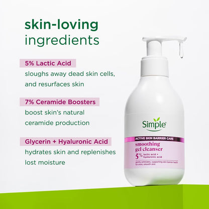 Simple brand smoothing gel cleanser with listed skin-loving ingredients on a white background