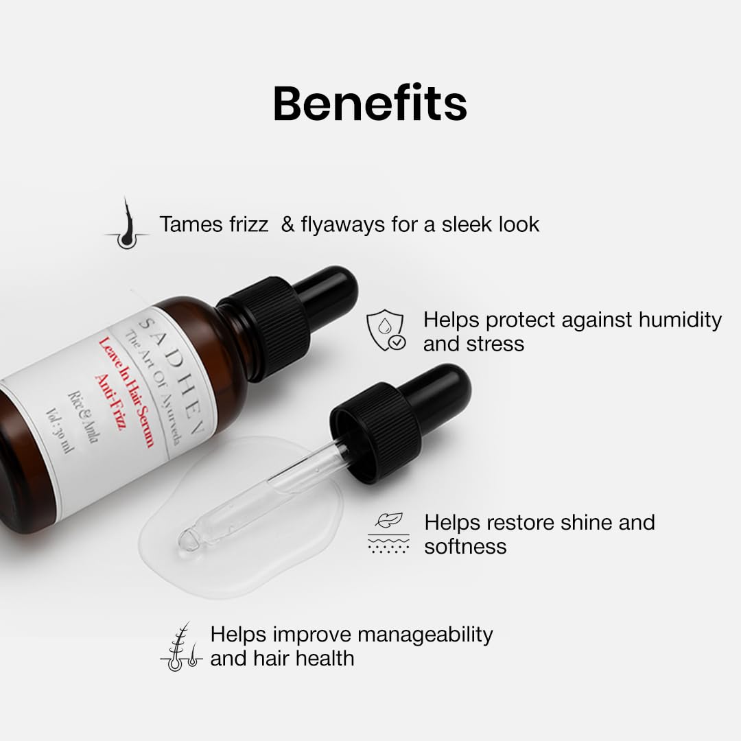 SADHEV Ayurvedic Anti-Frizz Leave-In Hair Serum | Frizz-Free, Smooth & Manageable Hair | Powered by Rice & Amla with Haritaki, Curry Leaf & Tulsi | For Dry & Frizzy Hair | Lightweight, Non-Sticky | For Men & Women | 30ml