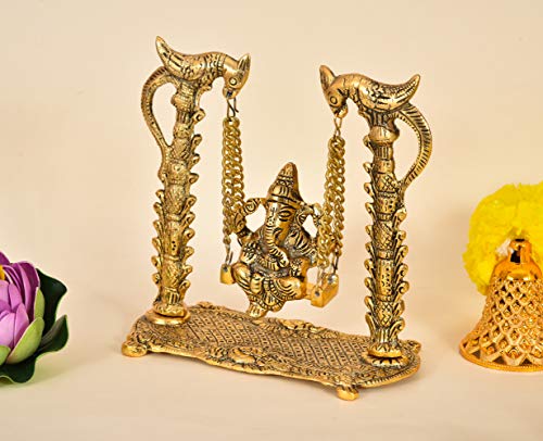 Metal God Ganesh Ganpati on Swing Idol Sculpture Showpiece Home Decor & Office Decoration (Golden)
