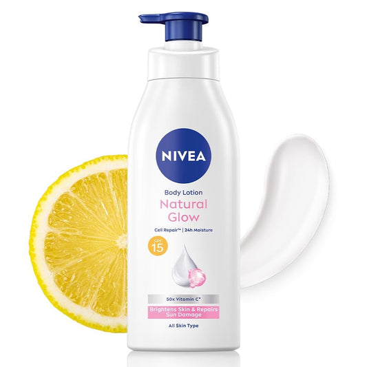 NIVEA Natural Glow Cell Repair Body Lotion with SPF 15 And UV A & B Filters | 50X Vitamin C | 24H Hydration | Even Skin Tone in 7 Days | Brightens Skin and Repairs Sun Damage | Lightweight, Quick Absorbing, Non-Sticky Formula | For All Skin Types | 400 Ml