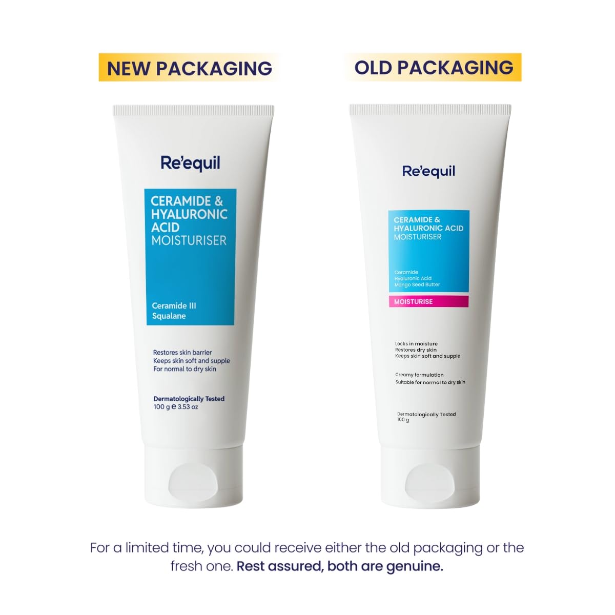 Two tubes of Re'equil moisturizer, one with new packaging and one with old packaging, on a white background.