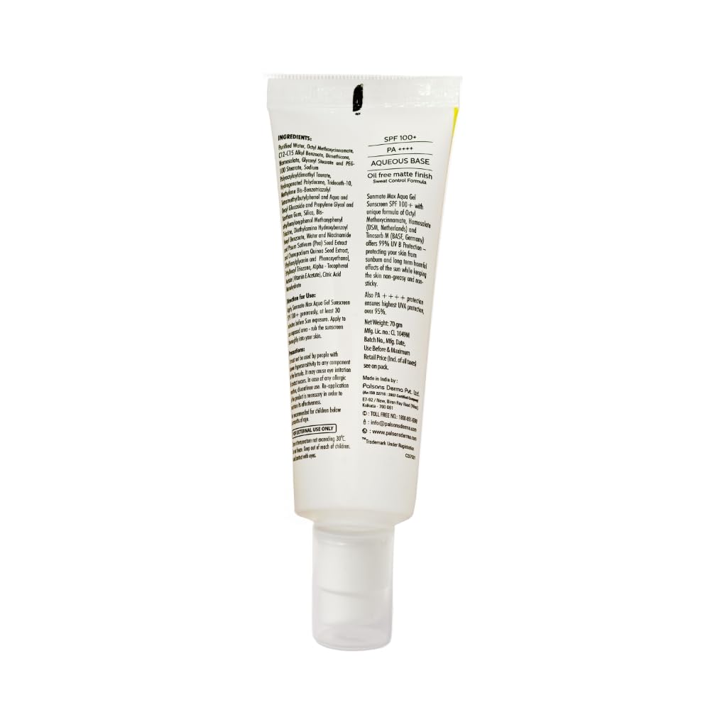 Sunmate Max Aqua Gel Sunscreen With SPF 100+ And PA++++ | For all Skin Types I Oil Free, Non-Greasy, No Sweat, No White Cast, Non Comedogenic Prevents Suntan, Sunburn And Pigmentation | 70 GM