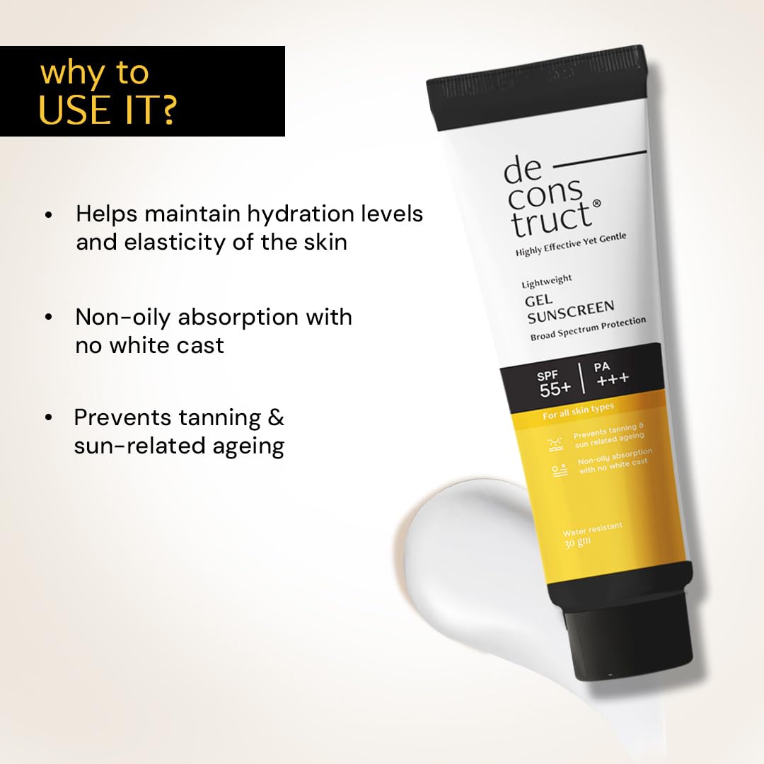 Tube of de construct sunscreen with benefits listed on a light background
