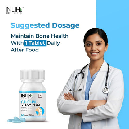 INLIFE Calcium and Vitamin D3 Tablets for Men Women | Calcium Carbonate Supplement for Bone and Joint Support - 60 Tablets (Pack of 1)