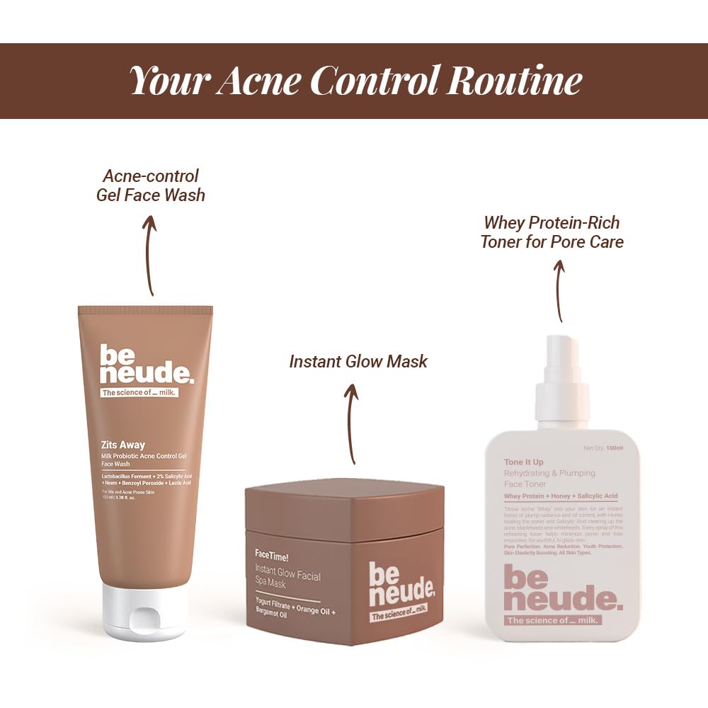 Be Neude Zits Away 100ml Daily Acne Control Face Wash with Milk Probiotics, 2% Salicylic Acid, Neem, Acne Face Wash for Men & Women (Pack of 1)