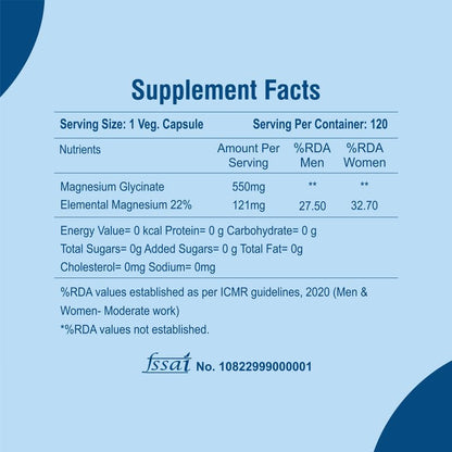 Supplement facts label with magnesium glycinate on a blue background