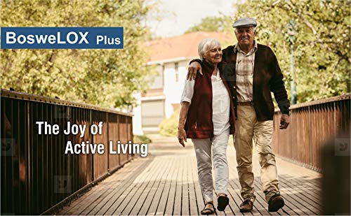 Senior couple walking together on a wooden bridge with 'BosweLOX Plus' branding.