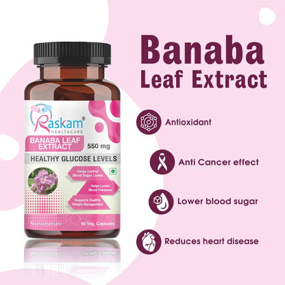 Bottle of Raskam Banaba Leaf Extract on a pink background with product details.