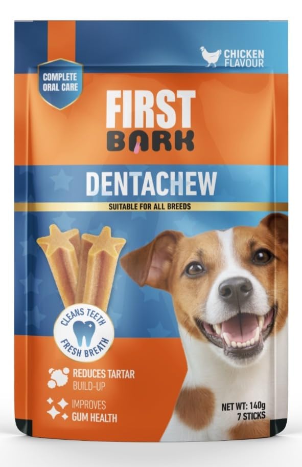 First Bark DentaChew Dog Dental Treats, Chicken Flavour, Cleans Teeth, Freshens Breath, Reduces Tartar, Supports Gum Health, 140g, 7 Sticks (Pack of 1) Newly Launched By DogsNCats