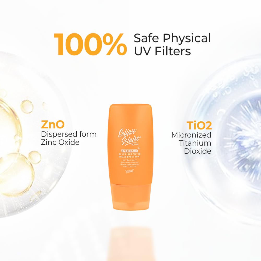 YUDERMA Eclipse Solaire Active Sunscreen SPF 50 PA+++ | No White Cast | Broad Spectrum UVA/UVB/IR & Blue Light Shield | Lightweight, Non-Greasy Formula for All Skin Types – 30ml