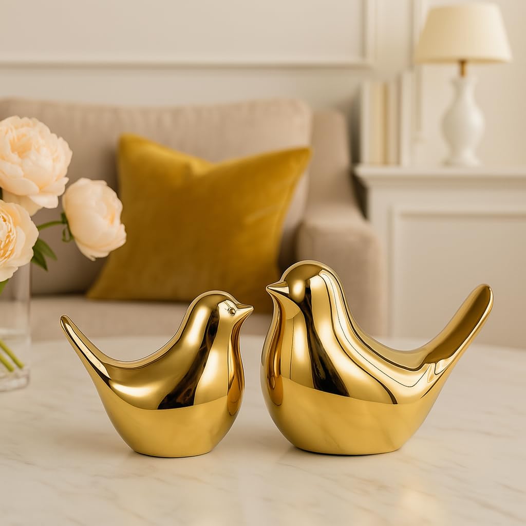 Ceramic Golden Blessing Birds Figurine for Home Decor | Ceramic Figurines - (Set of 2 Piece, Golden)