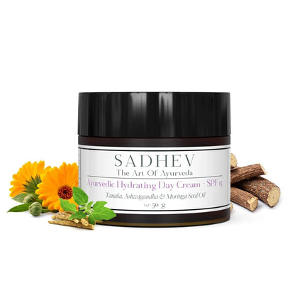 Sadhev Ayurvedic Hydrating Day Cream SPF 15 with Goodness of Tanaka, Ashwagandha & Moringa Seed Oil - 50gm (Pack of 1)_GWP