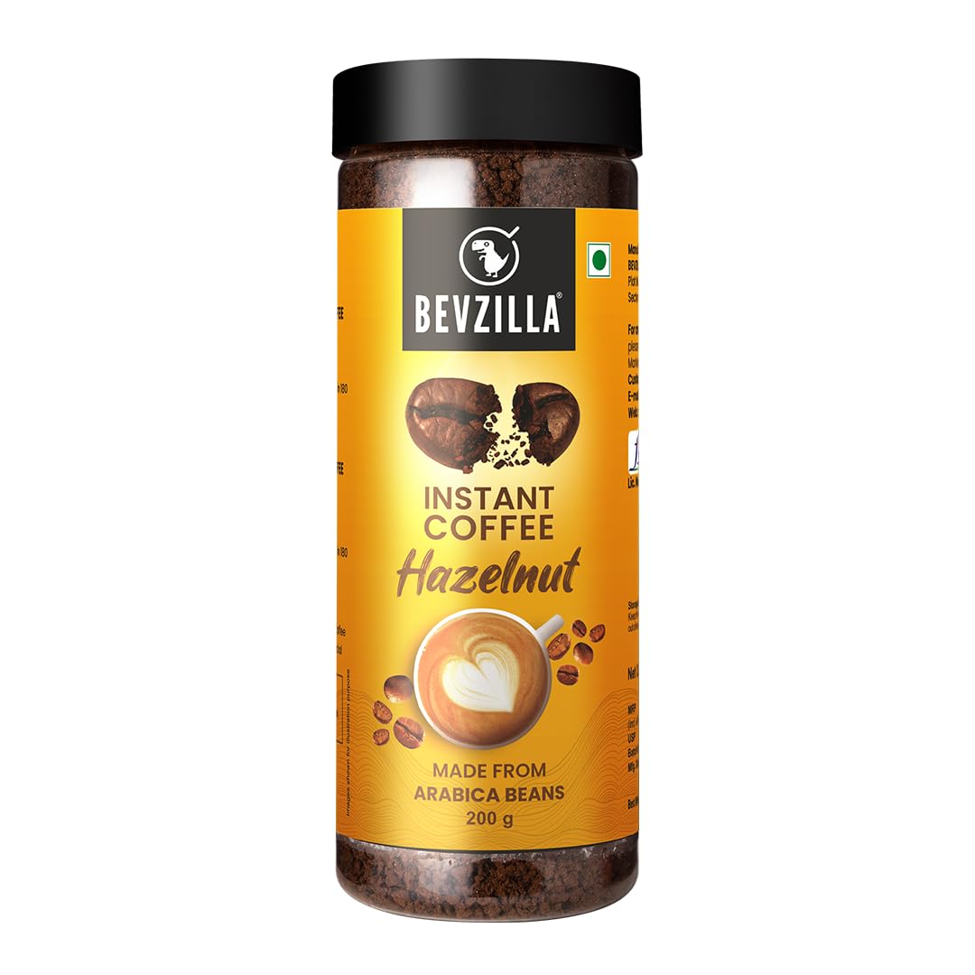 Bevzilla Hazelnut Flavoured Instant Coffee Powder - 200g | Premium Arabic Coffee | For Espresso, Latte & Cappucino | Enjoy Hot & Cold Coffee