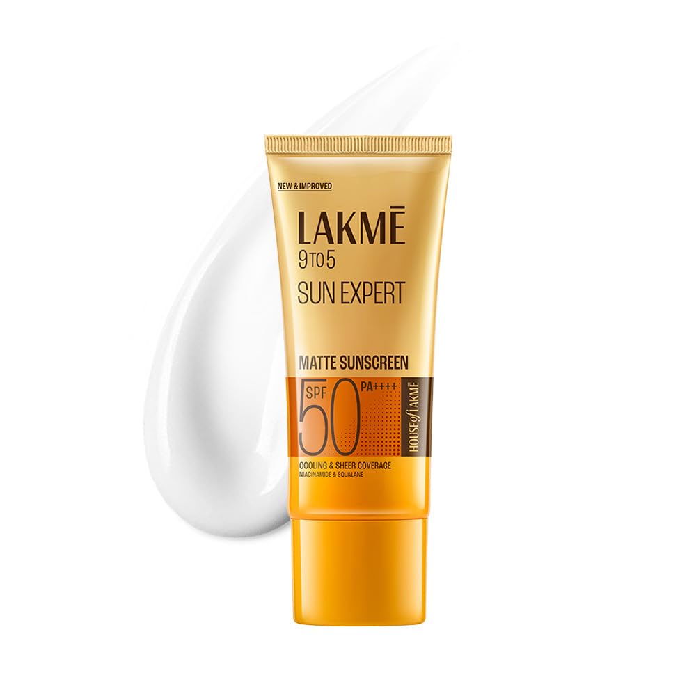 Lakme 9 to 5 Sun Expert sunscreen tube with a sample on a white background