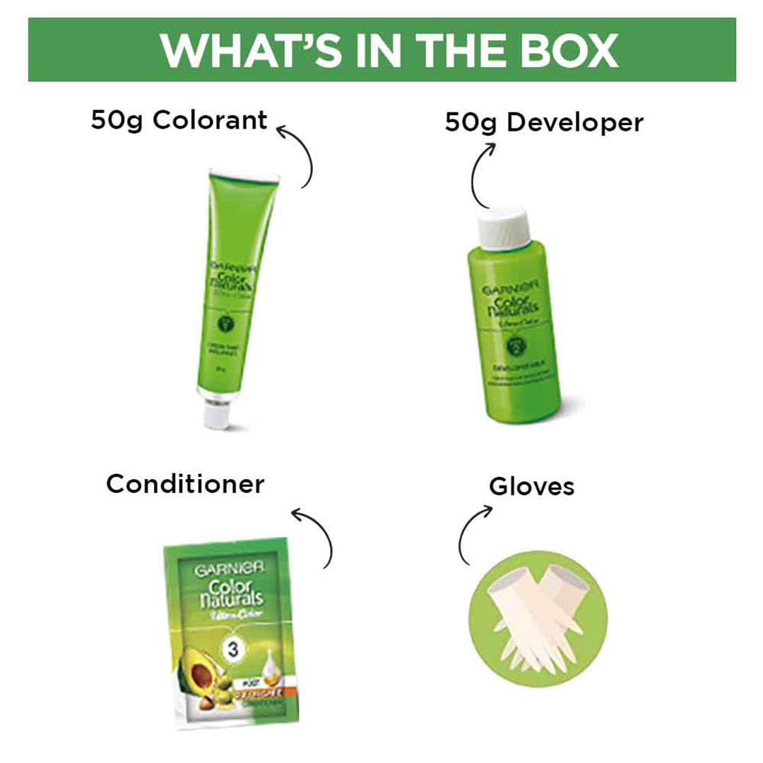 Garnier Color Naturals hair color kit with colorant, developer, conditioner, and gloves on a white background.