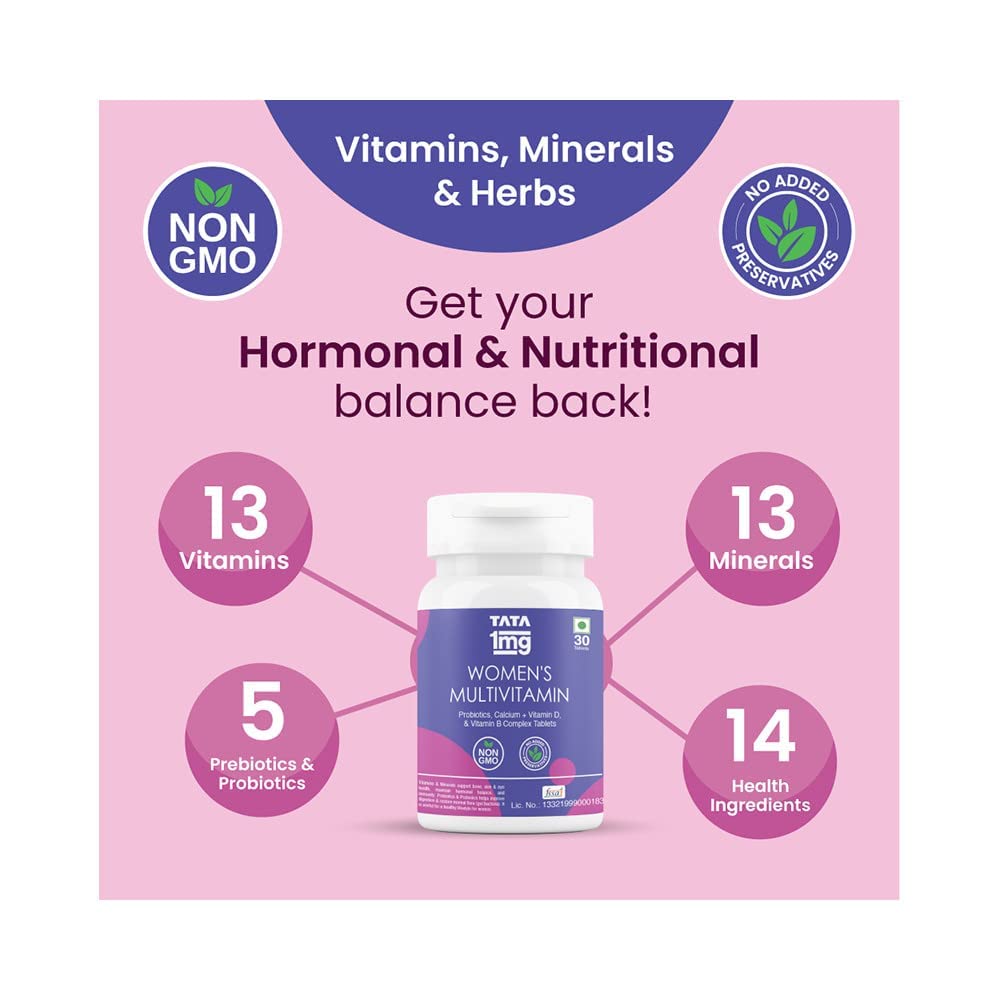 Tata 1mg Womens Multivitamin Veg Tablet with Zinc,Vitamin C,Calcium,Vitamin D & Iron Support Health Protection,Bones & Overall Health For Women (Pack Of 30 Tablets), 52 grams