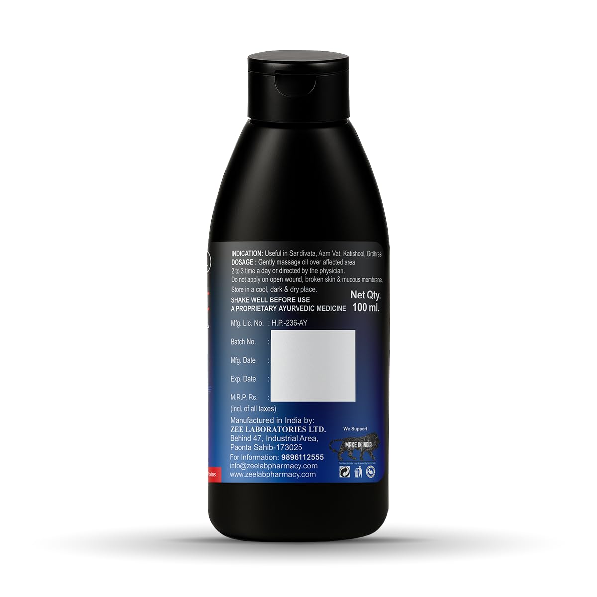 Black bottle with a label on a white background