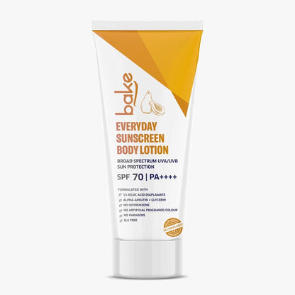 BAKE Everyday Brightening SPF 70 PA++++ Body Sunscreen Lotion | De-Tan Body Lotion | 1% Kojic Acid, Alpha Arbutin | Broad Spectrum UVA & UVB Protection | For Tan Removal, Sun Protection - 200ml