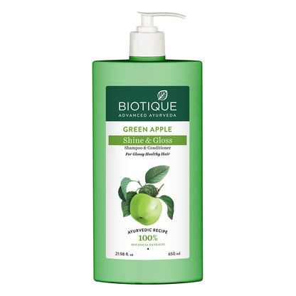 Biotique Green Apple Shine & Gloss Shampoo & Conditioner| Promotes Healthy, Shiny and Glossy Hair | Nourishes Scalp | Makes Hair Soft & Smooth |100% Botanical Extracts| All Skin Types | 650ml