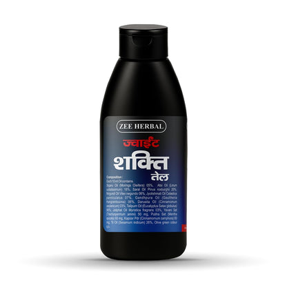 Black bottle of Zee Herbal Shakti oil with blue label on a white background