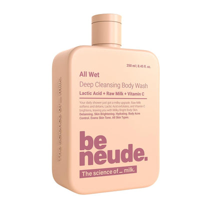 Be Neude All Wet 250ml De-Tan Body Wash with Milk, Lactic Acid, Vitamin C for Skin Brightening, Dark Spot & Pigmentation Reduction; Deep Cleansing Shower Gel Prevents Dryness & Body Acne for Men & Women