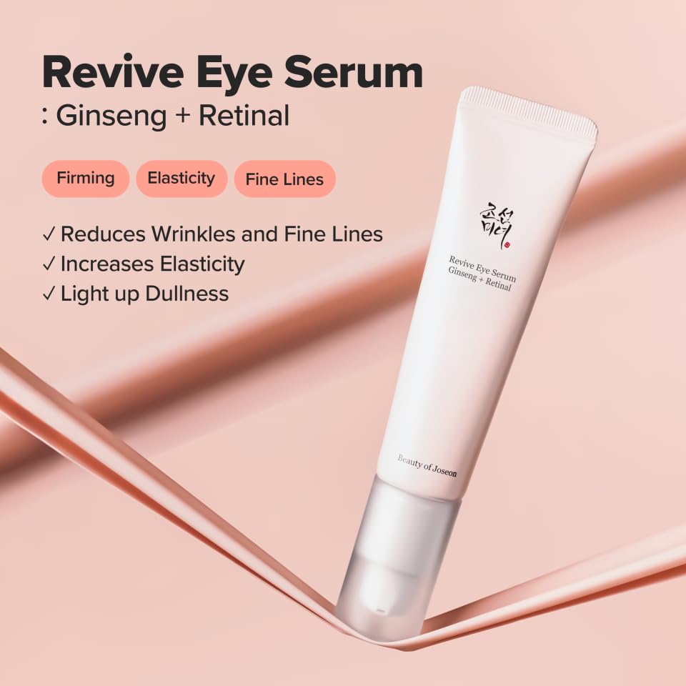 Revive Eye Serum with ginseng and retinal on a pink background