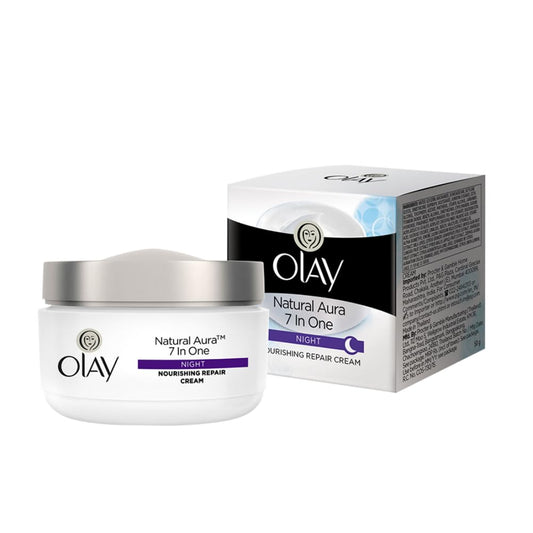 Olay Natural Aura 7-in-One Night Nourishing Repair Cream jar and packaging on a white background
