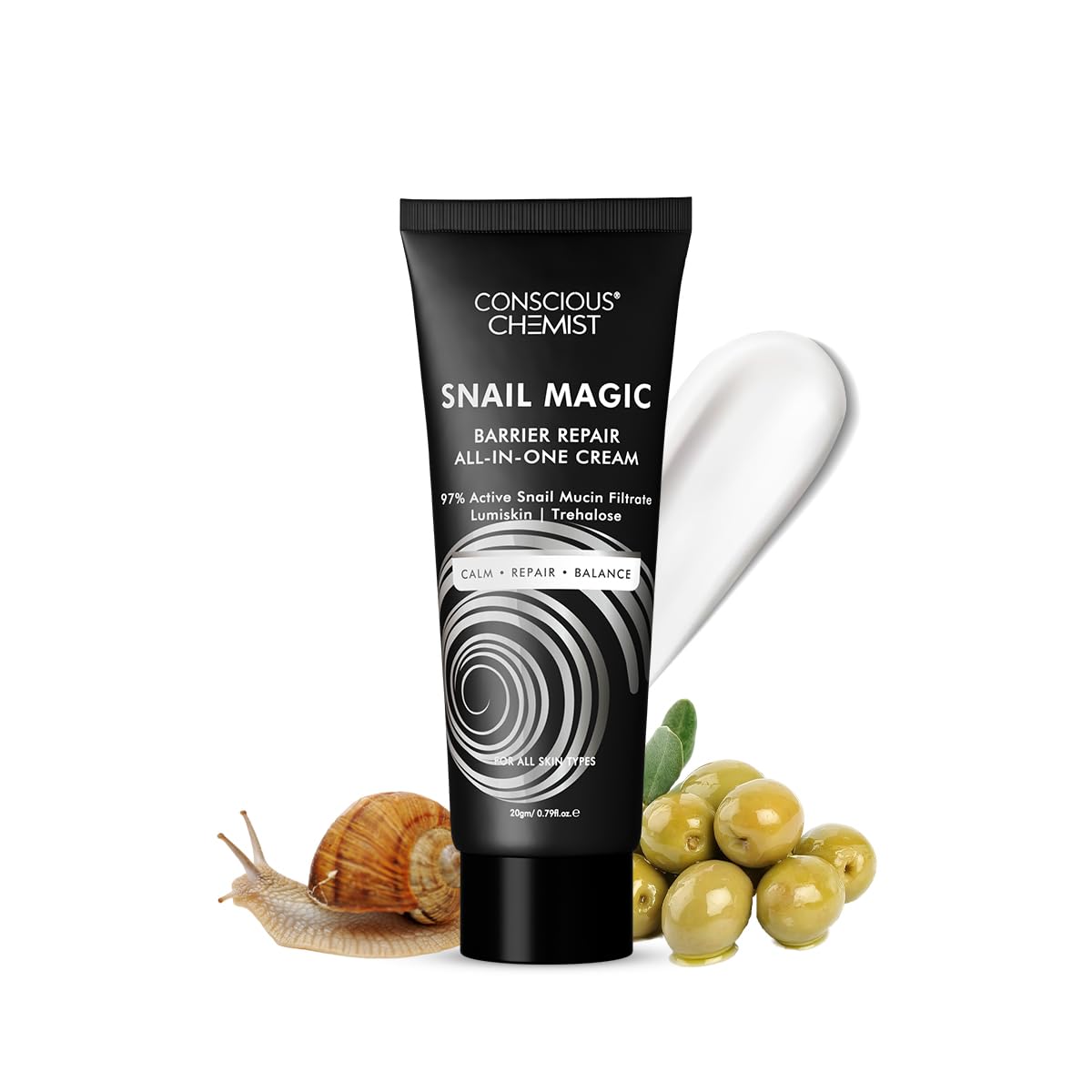 Tube of Conscious Chemist Snail Magic Barrier Repair All-In-One Cream with snail and olive elements on a white background