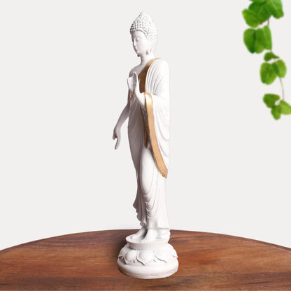 White & Gold Plated Blessing Standing Gautam Buddha Idol Statue | Polyresin Showpiece for Table, Office, Home Decoration Item