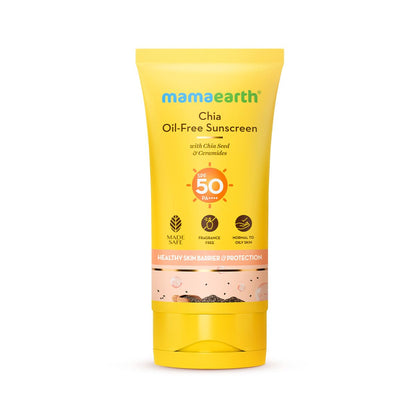 Mamaearth Chia Oil-Free Sunscreen with Chia Seed & Ceramides for Hydrated Glow & Sun Protection - 50g | SPF50 PA++++ | Oil-Free Formula for Normal to Oily Skin | UVA/B Protection | Tan Protection | No White Cast | InVivo Tested | Healthy Skin Barrier