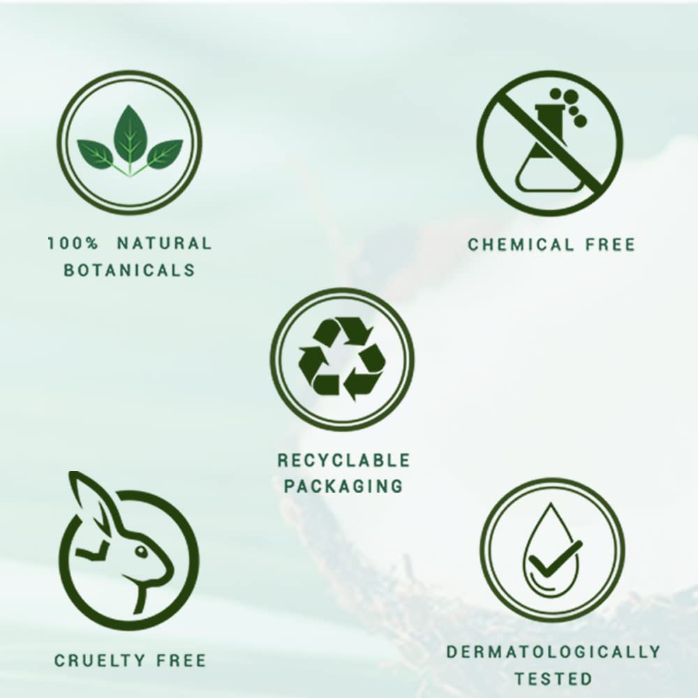 Set of green icons representing natural, chemical-free, recyclable packaging, cruelty-free, and dermatologically tested products on a light green background.