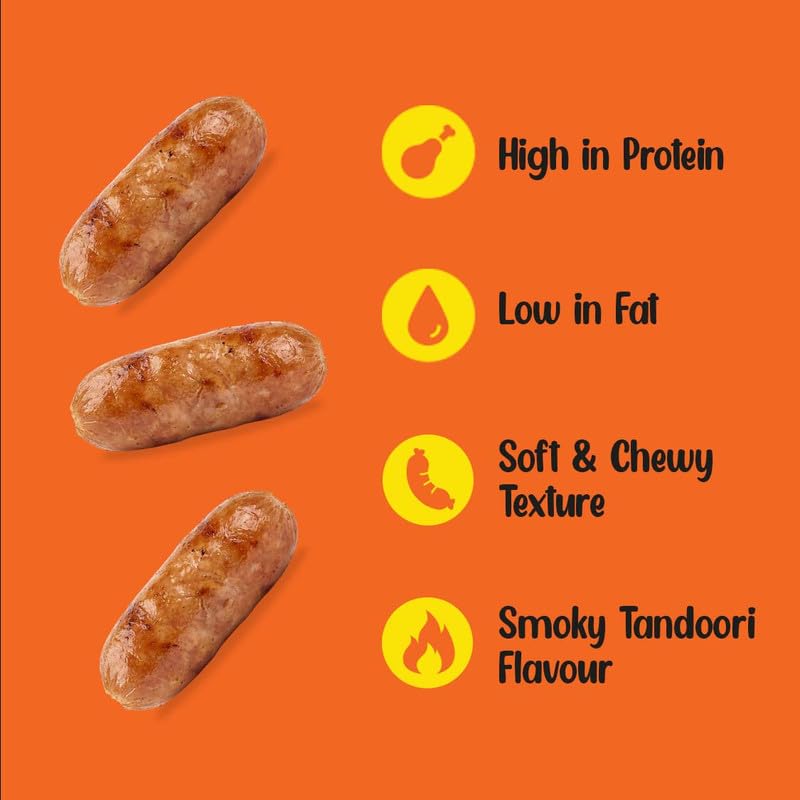PETS EMPIRE Tandoori Sausages Dog Treats, 100g | Smoky Soft Chew Chicken Sausage Snacks| High Protein Training Treats | Soft & Chewy, Healthy Reward for Puppies & Adult Dogs