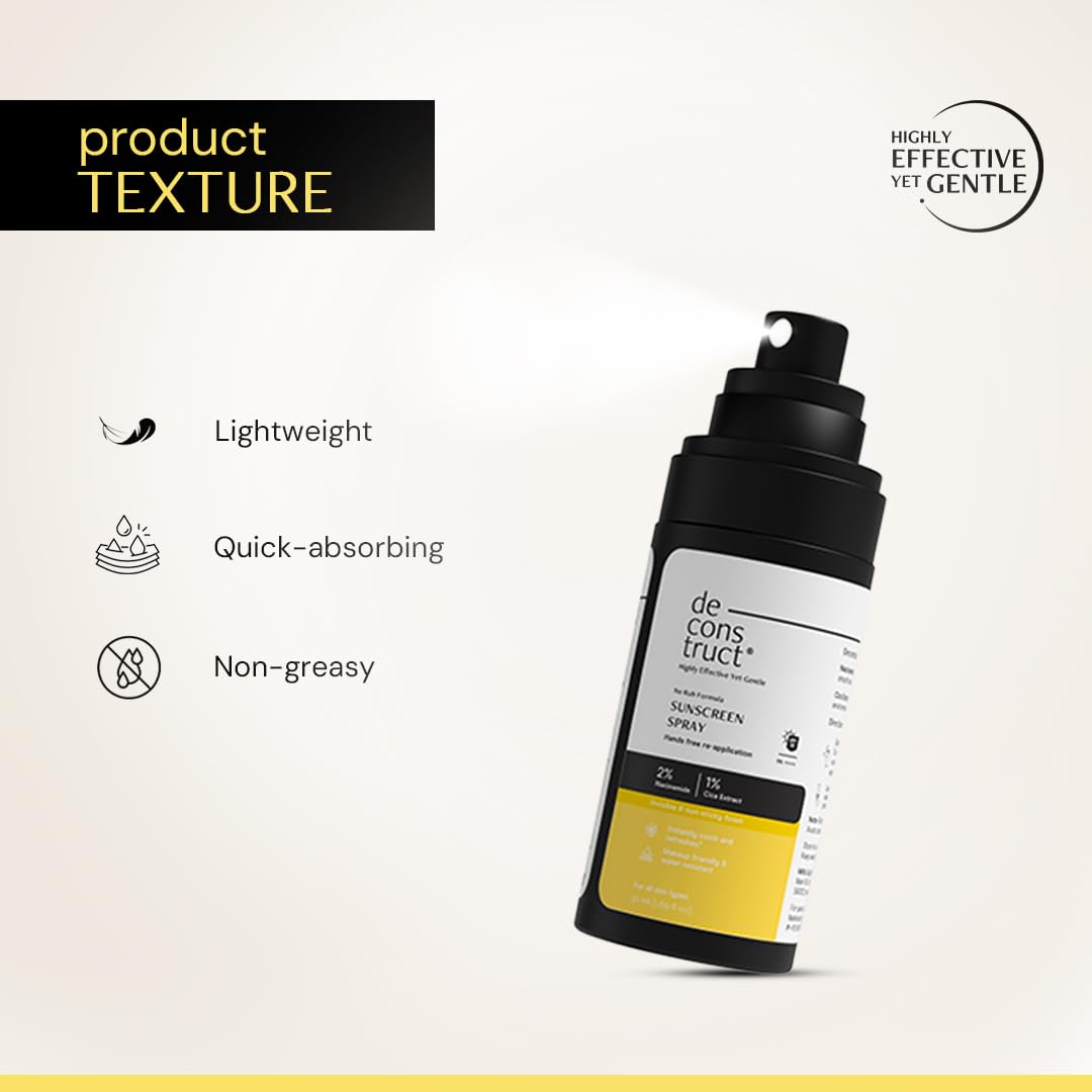 Sunscreen spray bottle with text highlighting product texture on a light background
