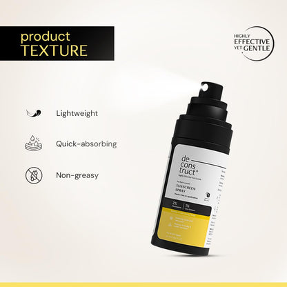 Sunscreen spray bottle with text highlighting product texture on a light background
