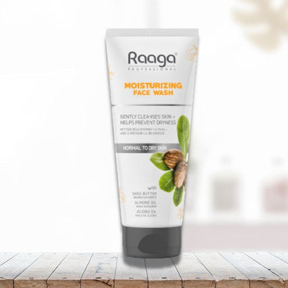 Raaga Moisturizing Face Wash tube on a wooden surface with a white background