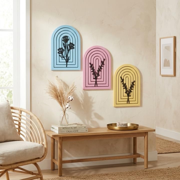 Pack of 3 Floral Wall Art with Blue Pink Yellow Wood Base Flower Cutouts Boho Decor