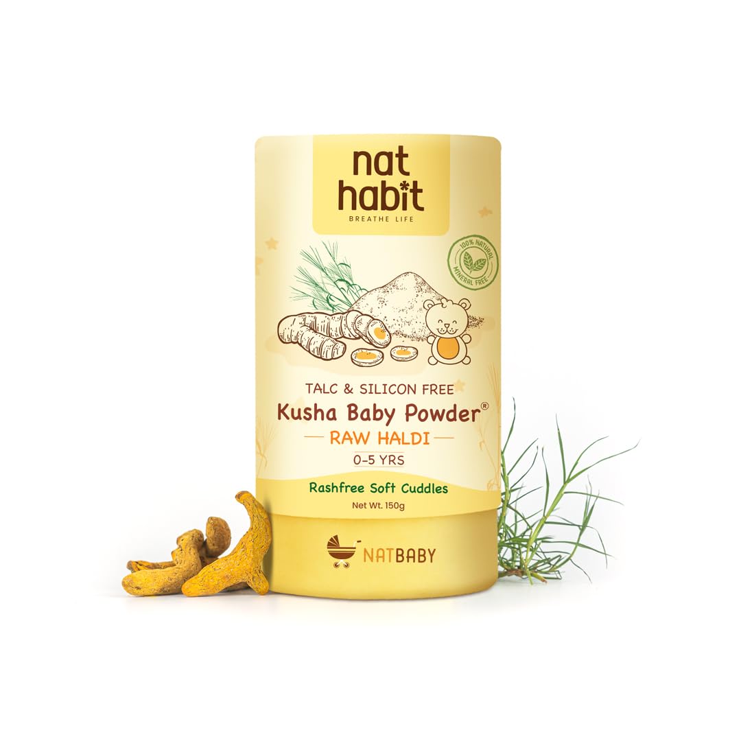 Nat Habit Everyday Talc Free Raw Haldi Kusha Baby Powder, Chemical Free & Rashfree, 0-5 Yrs - (150 g)