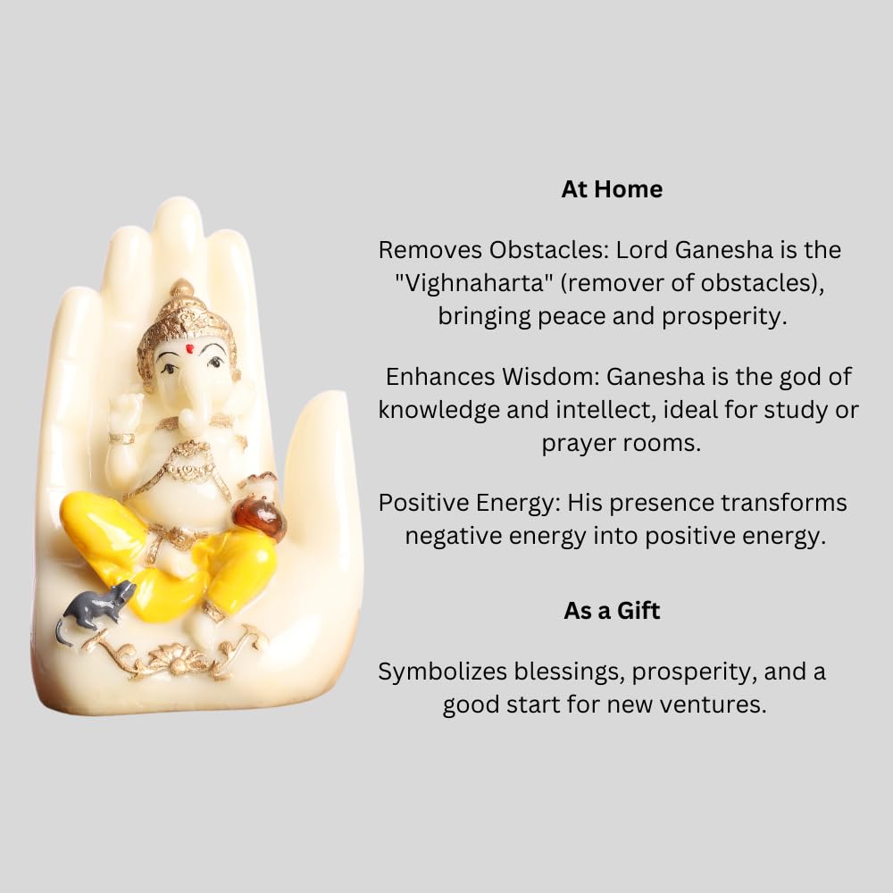 Blessing Ganesha Idol Sitting Hand Statue | Polyresin Statue in Ivory & Yellow Finish | for Table, Home, Office, Living Room Decoration Item