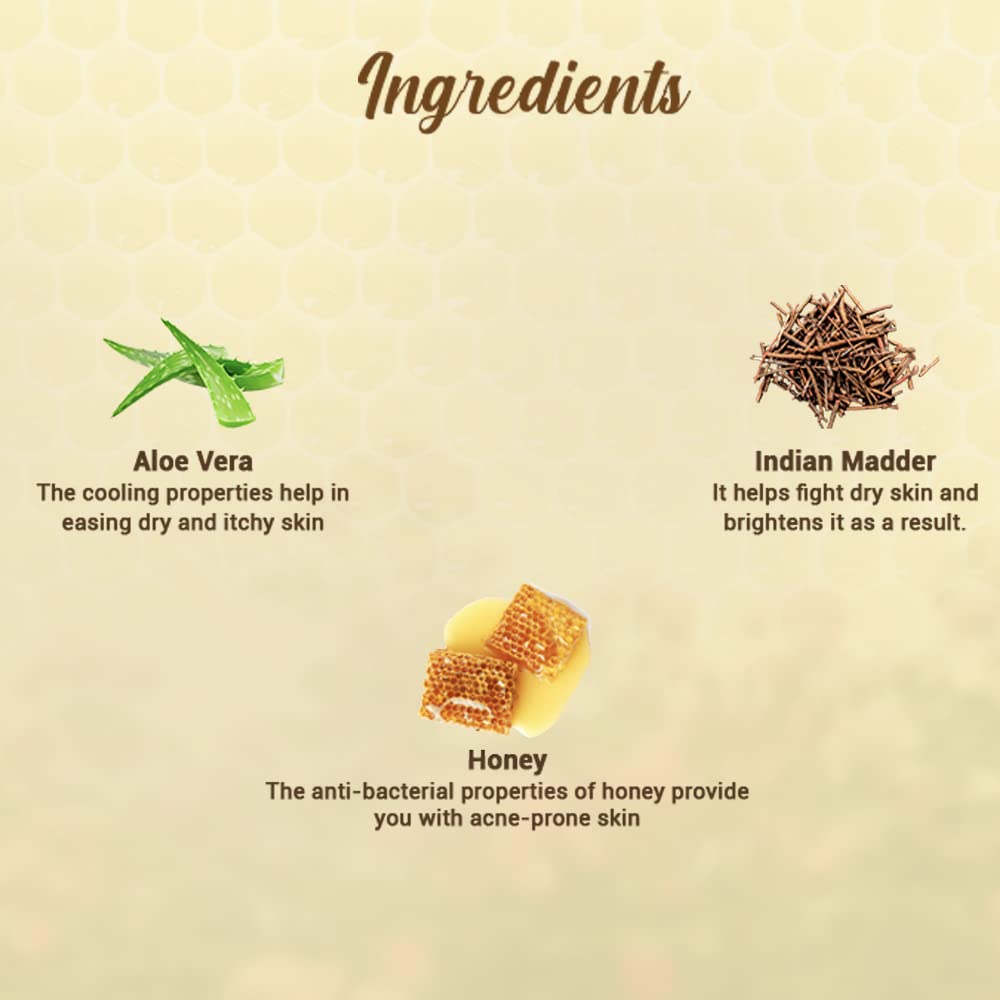Product ingredients with Aloe Vera, Indian Madder, and Honey on a beige background