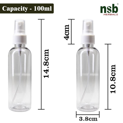 nsb herbals 100 ml Transparent Plastic Empty Refillable Reusable Fine Mist Spray Bottle Container For Sanitizer, Perfume, Rose Water, Travel, Home Care, Other Diy (Pack Of 3)