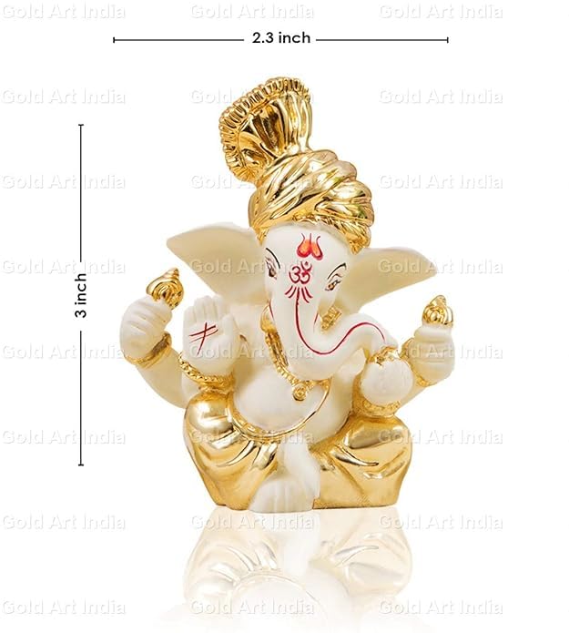 Gold Art India 3 x 3, Gold and Off White Ganesh Idol for Car Dashboard Ganesha Murti Ganpati Idol for Home Decor Puja Lord Ganesh Statue Gift for Office Desk Puja Room Figurine, Synthetic Resin, Idol