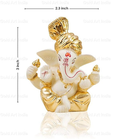 Gold Art India 3 x 3, Gold and Off White Ganesh Idol for Car Dashboard Ganesha Murti Ganpati Idol for Home Decor Puja Lord Ganesh Statue Gift for Office Desk Puja Room Figurine, Synthetic Resin, Idol