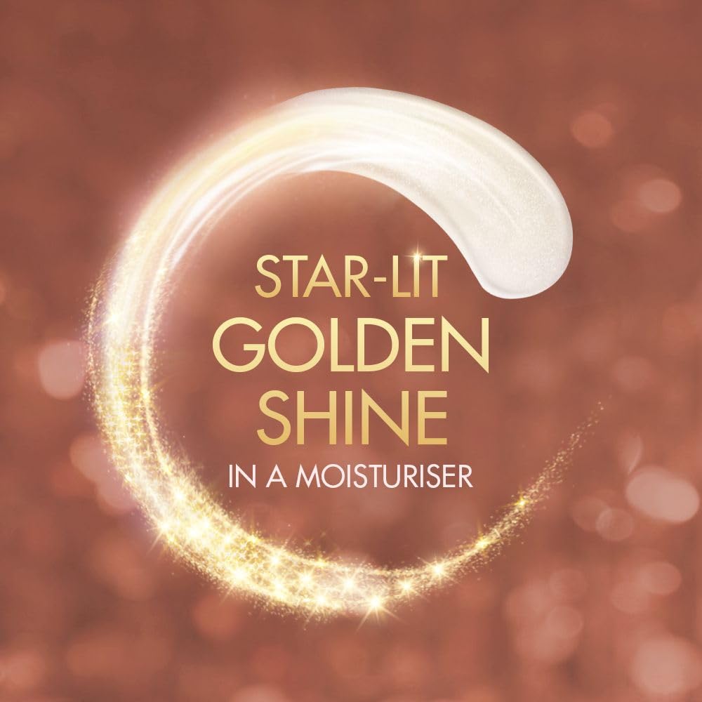 Advertisement for a moisturizer with 'Star-Lit Golden Shine' text on a glowing circle background.